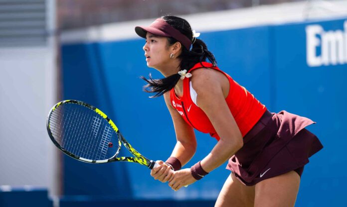 Alex Eala reacts during her campaign at the 2026 Indian Wells Open tournament in Southern California.